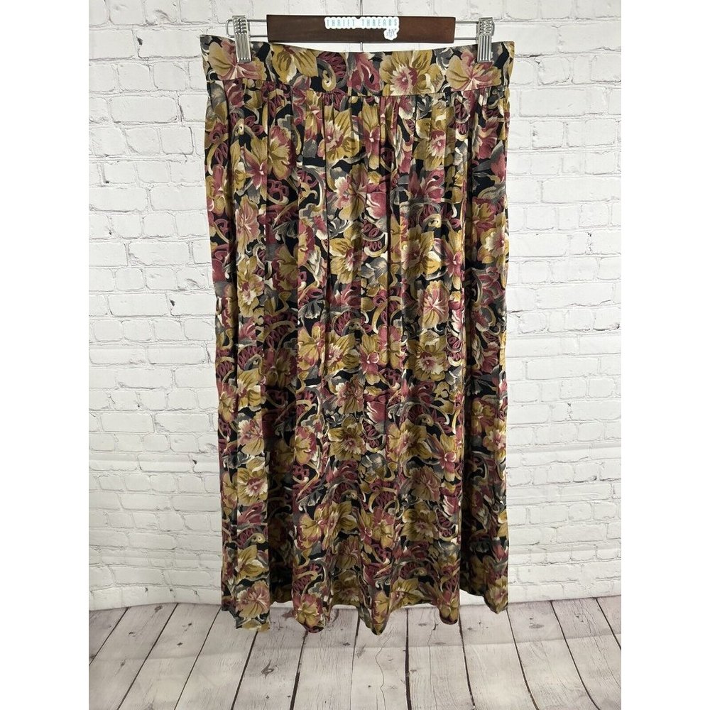 VTG JH Collectibles Floral Yellow Purple Pleated Back Zip/ Button Maxi Skirt 14